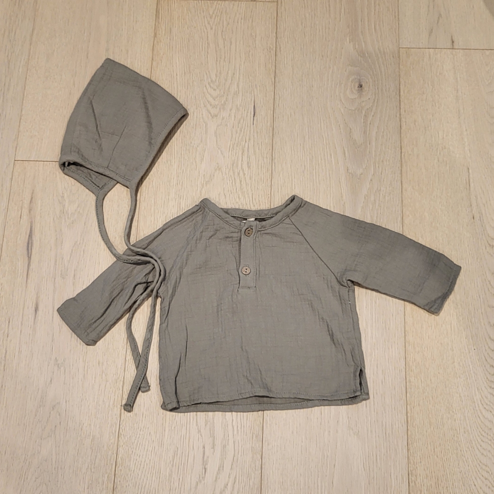 Quincy Mae Button Down Shirt and Bonnet Set - Sage
